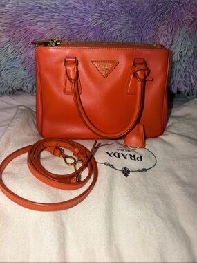 small Prada Galleria Orange Saffiano Leather Satchel Bag